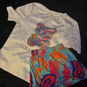 White Graphic Tee and Colorful Shorts Set